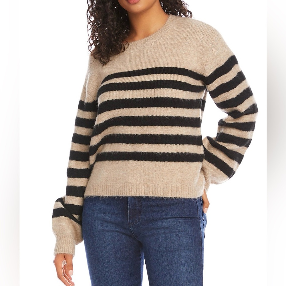 Karen Kane Puffed Sleeve Striped Black & Tan/Beige Women's Sweater. Size M. NWOT